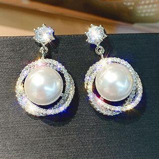 Rhinestone Faux Pearl Dangle Earring 1 Pair - Pearl Circle Rhinestone - One Size
