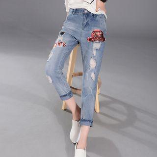 Sequined Embroidery Ripped Cropped Jeans