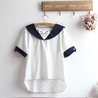 Short-sleeve Color Block Blouse