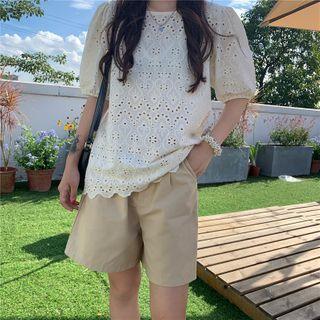 Puff-sleeve Pointelle Blouse / High-waist Plain Shorts