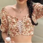 Puff-sleeve Floral Print Lace-up Crop Blouse