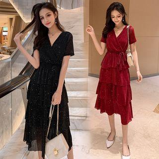 V-neck Short-sleeve Tiered Midi Dress