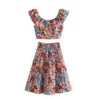 Set: Sleeveless Floral Crop Top + Midi A-line Skirt