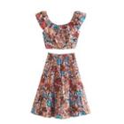 Set: Sleeveless Floral Crop Top + Midi A-line Skirt