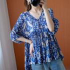 Printed Elbow-sleeve V-neck Blouse As Shown In Figure - One Size