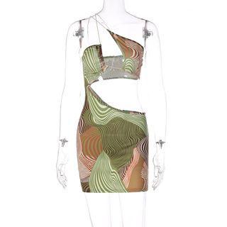 Spaghetti-strap One-shoulder Print Cut-out Mini Bodycon Dress