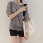 Crochet-trim Elbow-sleeve Cotton Top