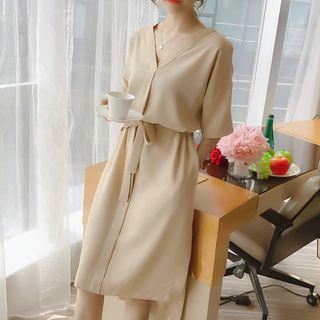 Plain Elbow Sleeve Chiffon Midi Dress