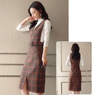 Set: Mock Neck Knit Top + Plaid Jumper Skirt