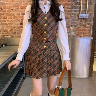 Lace Trim Shirt / Plaid Single-breasted Vest / Mini Pleated Skirt