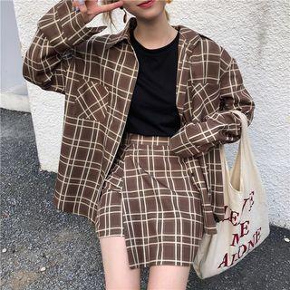 Set: Loose-fit Check Shirt + Pencil Skort