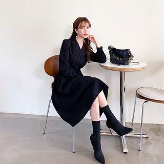 Notched-lapel Beribboned Midi Wrap Dress