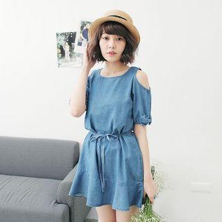 Short-sleeve Shoulder Cut Out Denim Dress