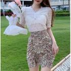 Short-sleeve Lace Blouse / Floral Print Mini Fitted Skirt