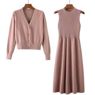 Set: Cardigan + Sleeveless Midi A-line Knit Dress