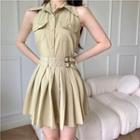Plain Sleeveless Shirt / High-waist Pleated Skirt