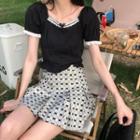 Short-sleeve Lace Trim Blouse / Bow Print Mini Pleated Skirt