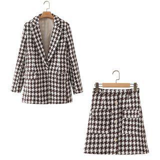 Houndstooth Loose-fit Blazer / Houndstooth Button-up Skirt