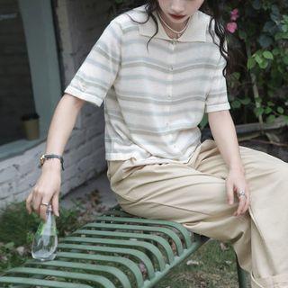 Short-sleeve Striped Knit Top Off-white - One Size
