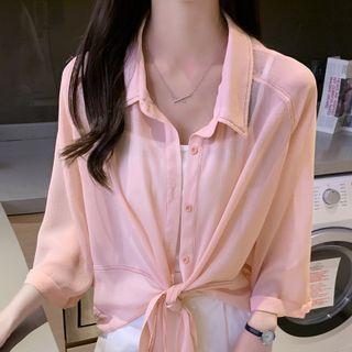 Elbow-sleeve Tie-hem Cropped Blouse