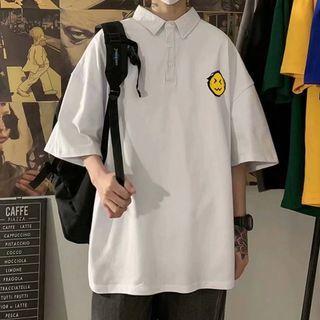 Elbow-sleeve Collar Smiley Face Print T-shirt