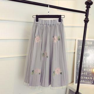 Flower Embroidered Midi Mesh Skirt