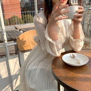 Frilled-neck Tie-waist Tulle Dress Light Beige - One Size