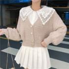 Peter-pan Collar Panel Embroidered Lace Blouse / Knit Cardigan