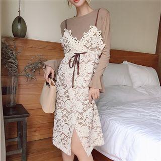 Plain Long Sleeve T-shirt Dress / Lace Spaghetti Strap Dress