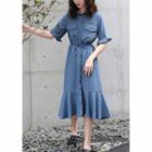 Pocket Detail Elbow-sleeve Mid Shirtdress