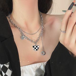 Bear Checker Pendant Layered Alloy Choker Black & White Check Bear - Silver - One Size