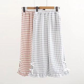 Frill Trim Plaid Straight Cut Pants