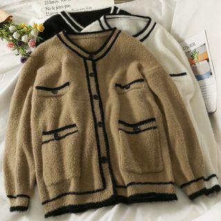 Stripe-trim Crew-neck Loose Cardigan