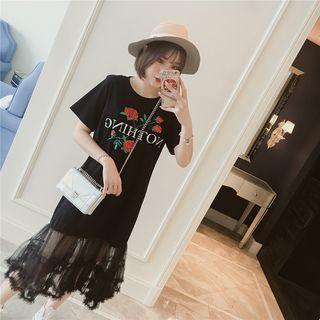 Floral Print Mesh Hem Short Sleeve T-shirt Dress