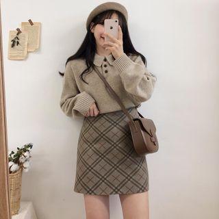 Plain Polo Sweater / Plaid Mini A-line Skirt