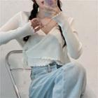 Cropped Wood Ear Trim Lace-up Knit Top