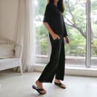 Set: Elbow-sleeve Textured Top + Band-waist Pants