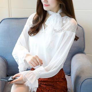 Long-sleeve Frill Trim Lace Paneled Chiffon Top