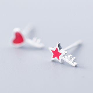 925 Sterling Silver Non-matching Star & Heart Earring As Shown In Figure - One Size