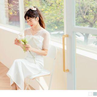 Short Sleeve V-neck Bow Accent Mesh Panel Midi Shift Dress