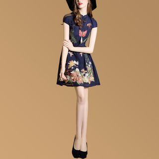 Embroidered Cap-sleeve Mandarin Collar A-line Dress