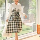 Plaid Panel Hoodie Dress With Sash
