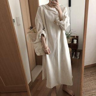 Striped Long-sleeve Midi Shift Dress
