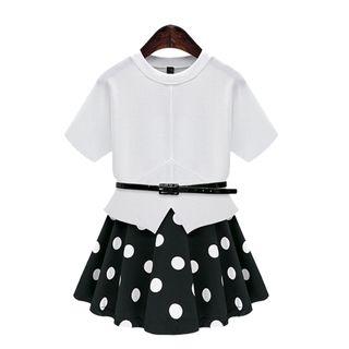 Set: Short-sleeve Top + Dotted Skirt