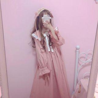 Long-sleeve Frill Trim Wide Collar A-line Midi Dress