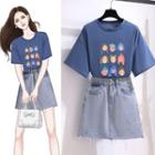 Elbow-sleeve Cartoon Print T-shirt / Denim Mini A-line Skirt / Set