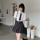 Puff-sleeve Chain Accent Plain Shirt / High Waist Pleated Mini Skirt