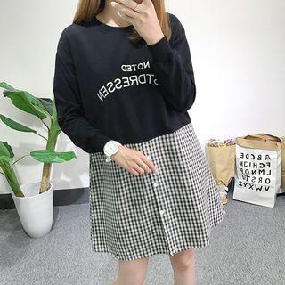 Embroidered Plaid Panel Long-sleeve Dress