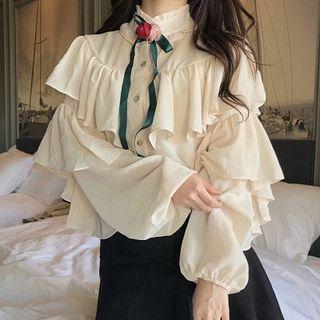 Plain Mock-neck Single-breasted Lettuce Edge Puff-sleeve Blouse As Shown In Figure - One Size
