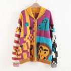 Color Block Cartoon Jacquard Knit Zip-up Jacket Purple & Yellow - One Size